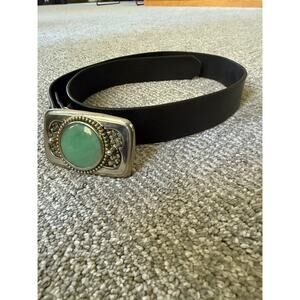 Black leather belt with teal stone belt buckle M 37”